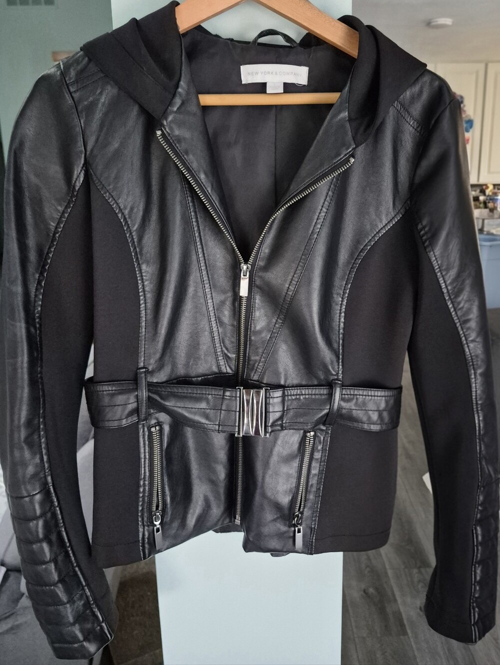 New York & Company Black Faux Leather Hooded Belted Jacket